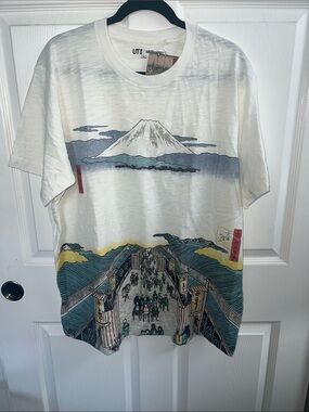 Uniqlo White Mount Fuji Graphic Crewneck Tee with Blue and Yellow Accents